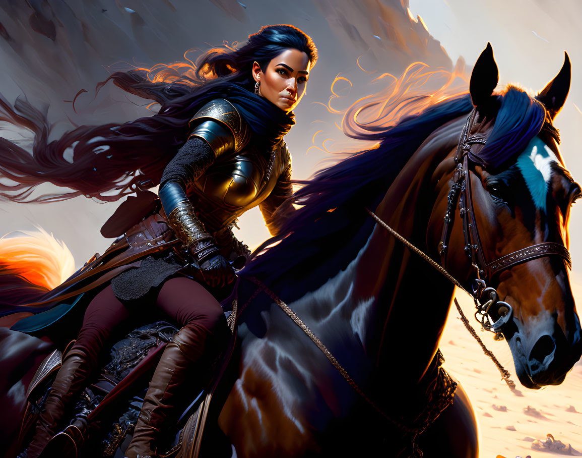 Armored warrior woman on galloping horse with determined gaze.