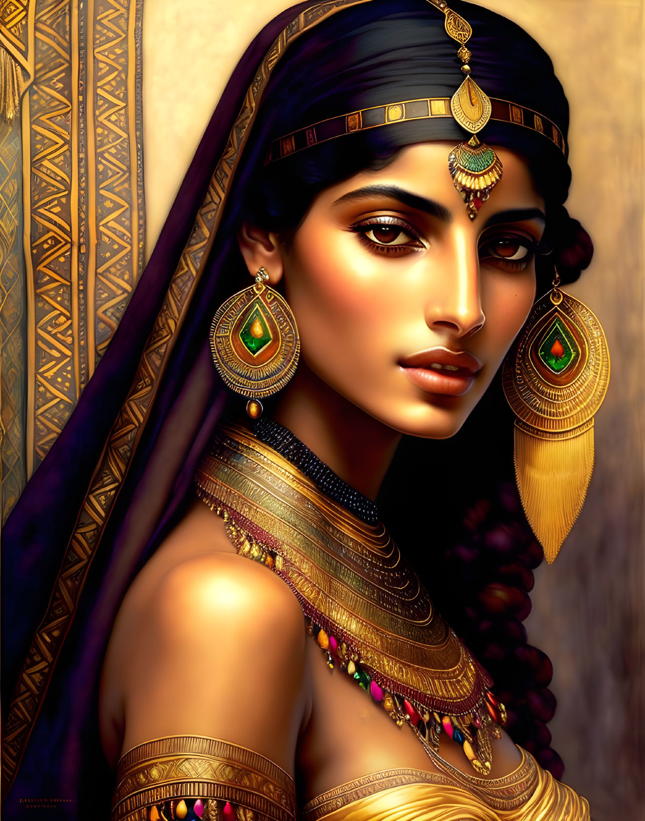 Traditional Indian jewelry adorned woman in gold and green palette.