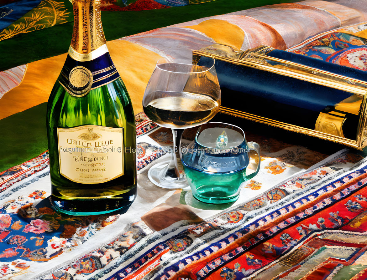 Champagne bottle, glass, blue drink, pillows, and instrument case on ornate rug