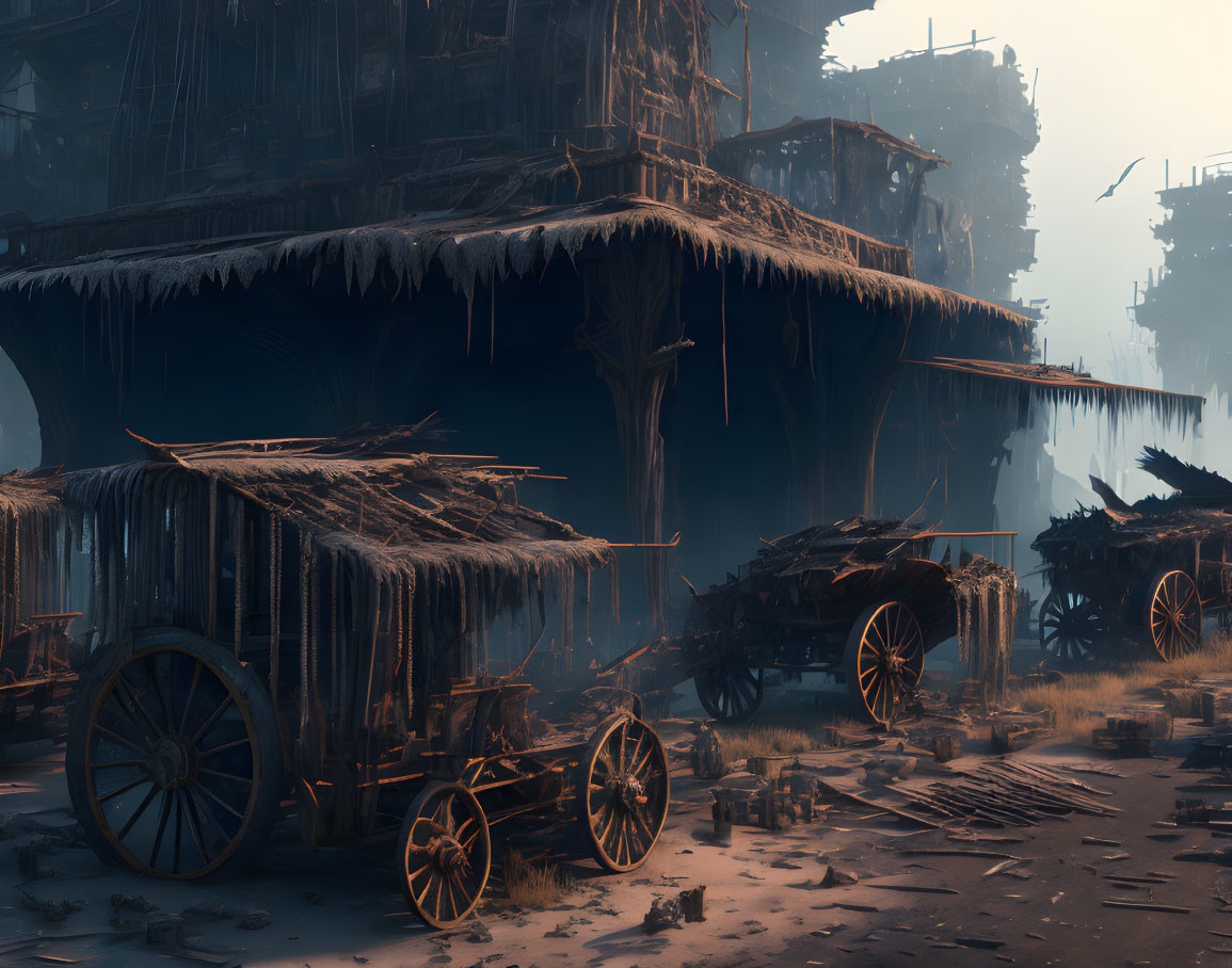 Decrepit wooden wagons, icy buildings, debris, and crows in a dystopian scene