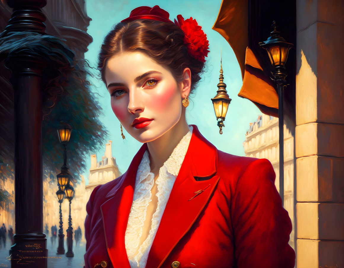 Digital painting: Woman with red flower in hair, red jacket, gazing on Parisian street at