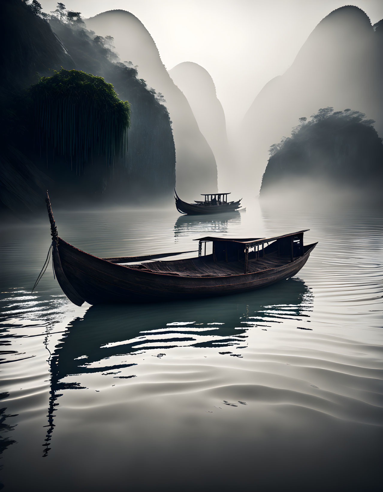 Traditional Wooden Boats on Misty River with Karst Mountains