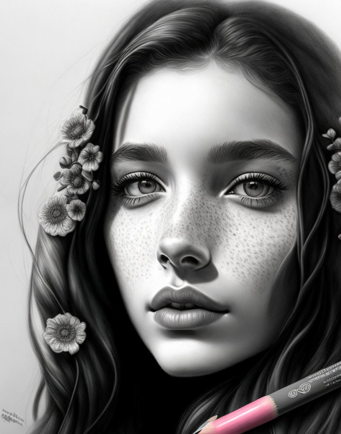 Monochrome portrait of young woman with freckles and flowers, pencil overlay