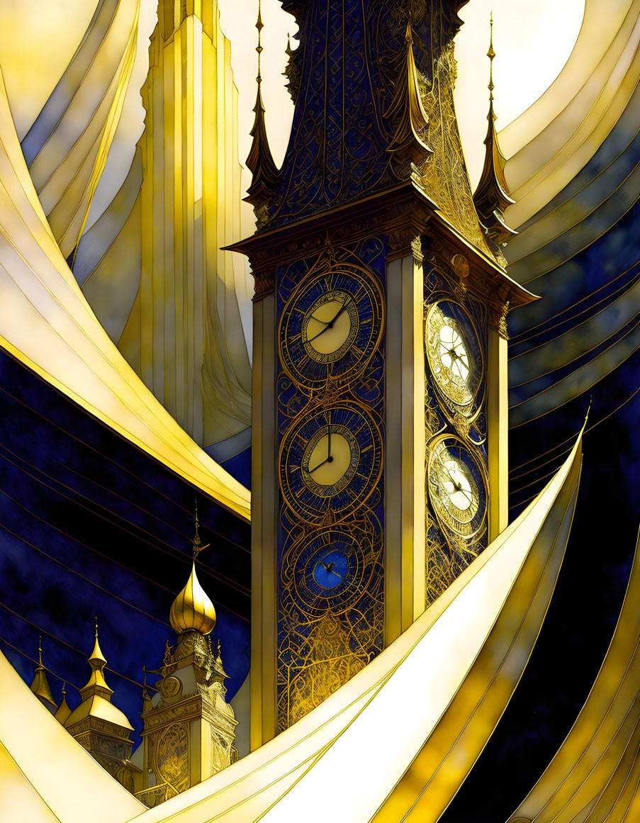 Golden clock tower with intricate patterns against a blue sky and elegant curtains