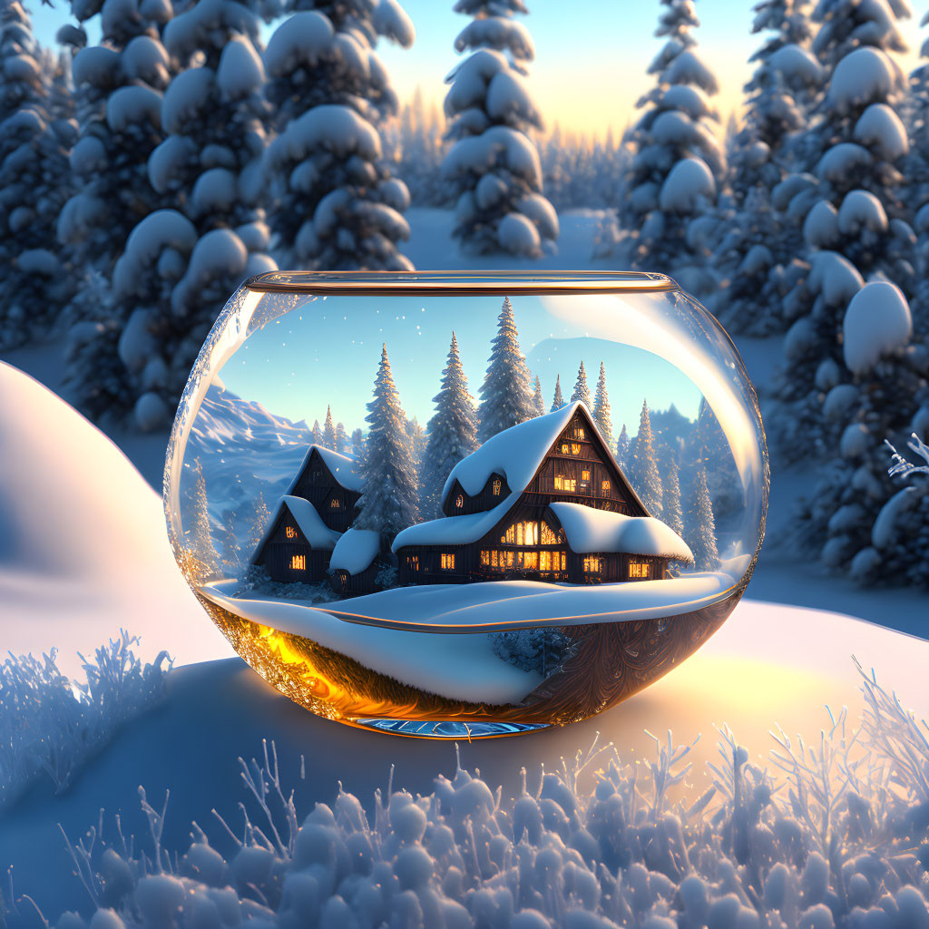 Miniature illuminated mountain cabin in snowy terrarium scene
