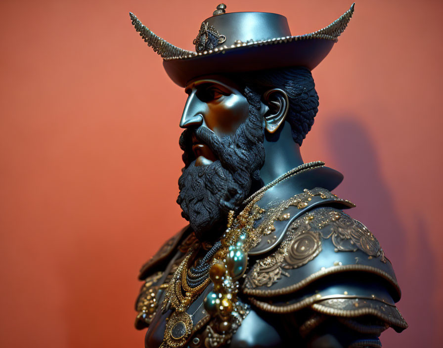 Bearded warrior bust in ornate armor on red background