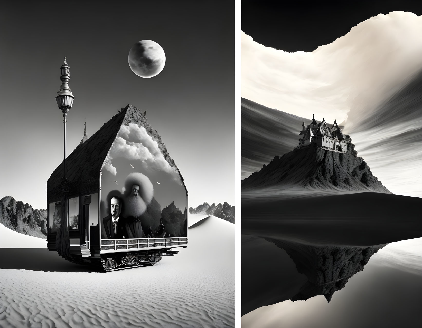 Surreal black and white diptych of lighthouse, boat, man, moon, castle