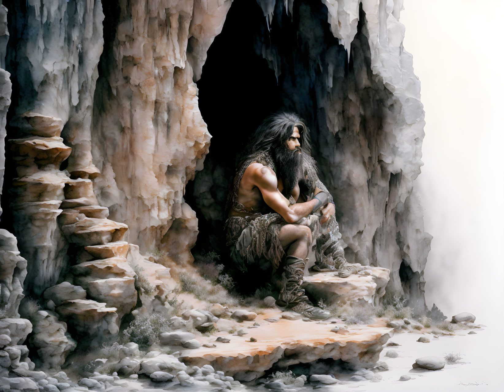 Bearded man in primitive clothing at cave entrance