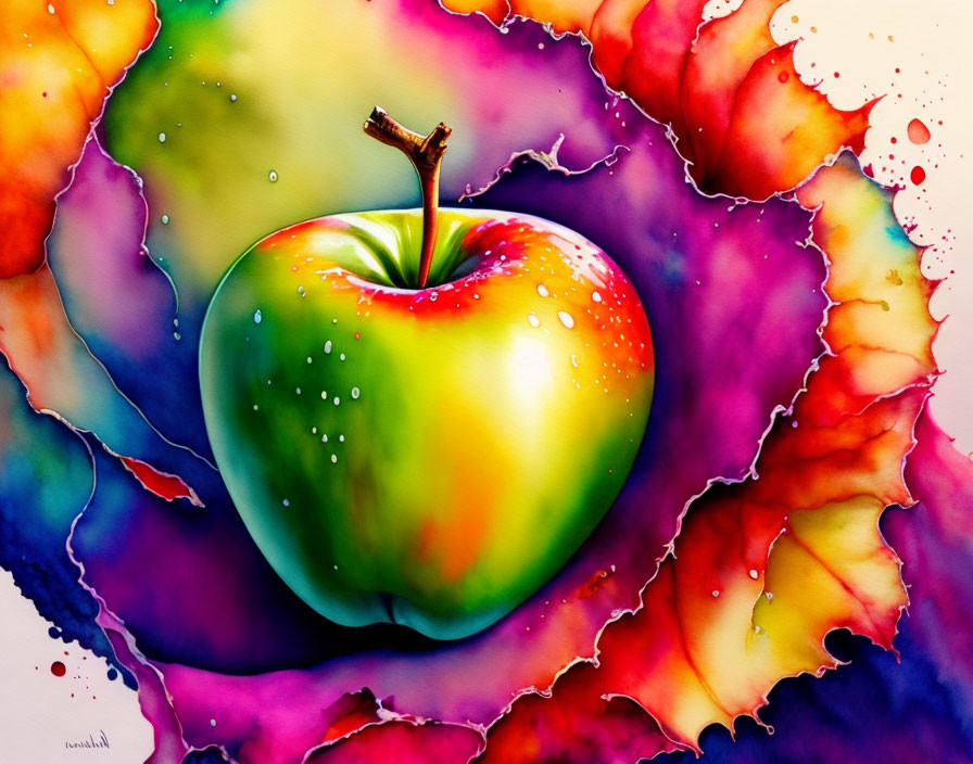 Colorful watercolor painting of dew-covered apple on abstract background