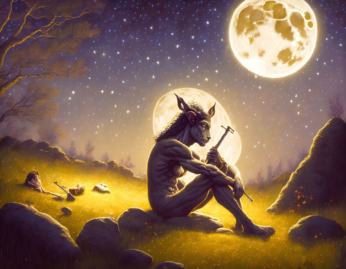 Satyr playing flute under full moon with glowing landscape and resting person