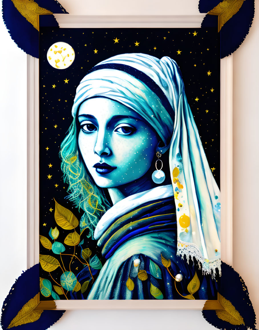 Colorful painting of woman with starry night theme and crescent moon, surrounded by dark blue leaves