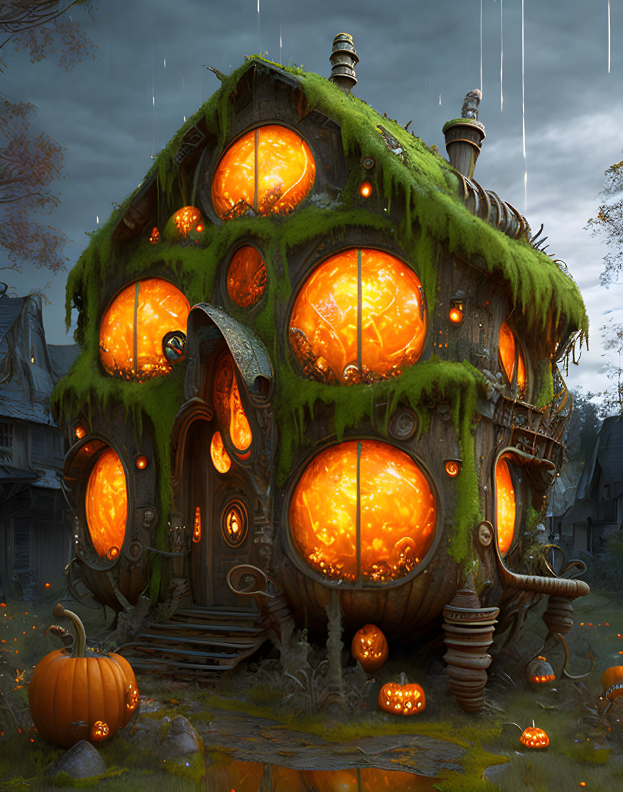 Whimsical pumpkin-shaped house in rainy twilight with glowing windows