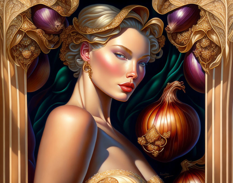 Woman illustration with art nouveau style, golden headdress, and onion-themed background.