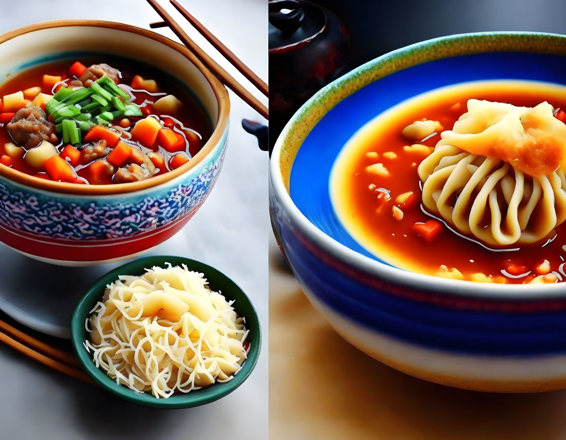 Asian noodle dishes with vibrant broths and toppings on white surface