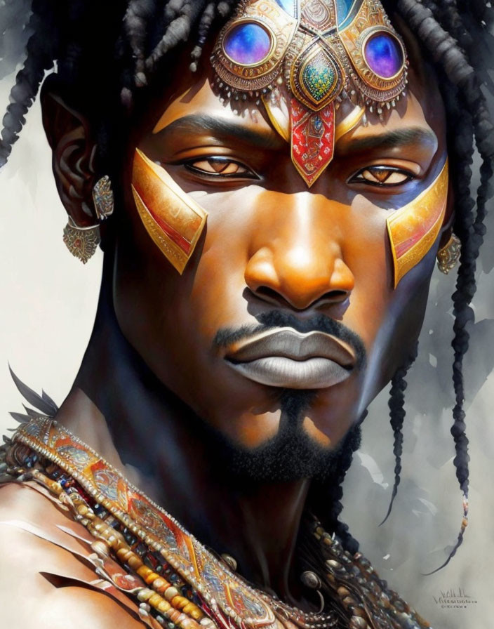 Intricate tribal face paint and ornate jewelry on a man.