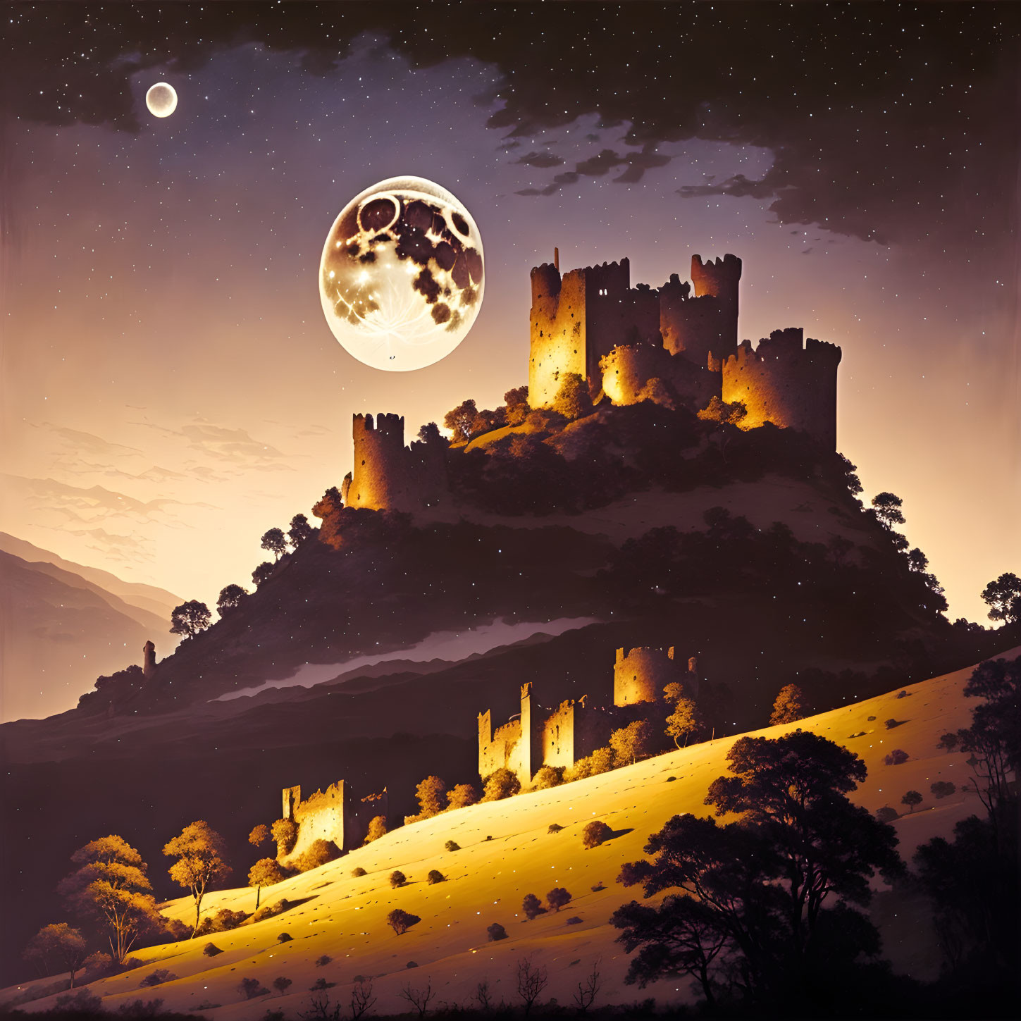 Fantasy castle on hill under starry sky with detailed moon and celestial body