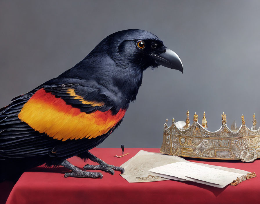 Colorful bird with crown and document on red surface against grey backdrop.