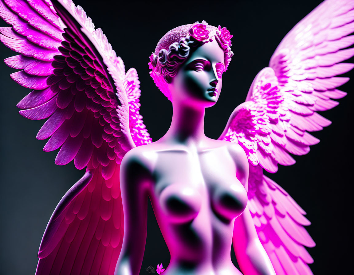 Classical-style statue with angel wings in pink and purple on dark backdrop