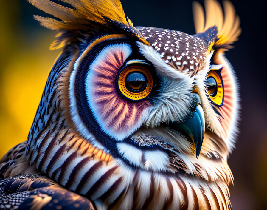 Vibrant owl with orange eyes, detailed feathers, and sharp beak on golden backdrop