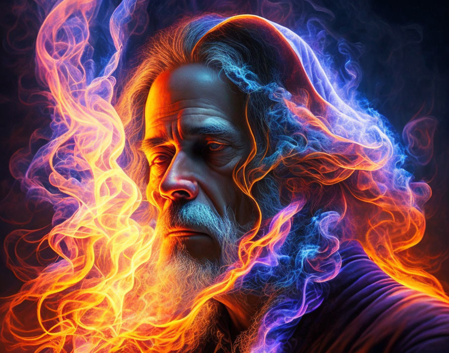 Dramatic portrait of a man with blue and orange flame-like lighting