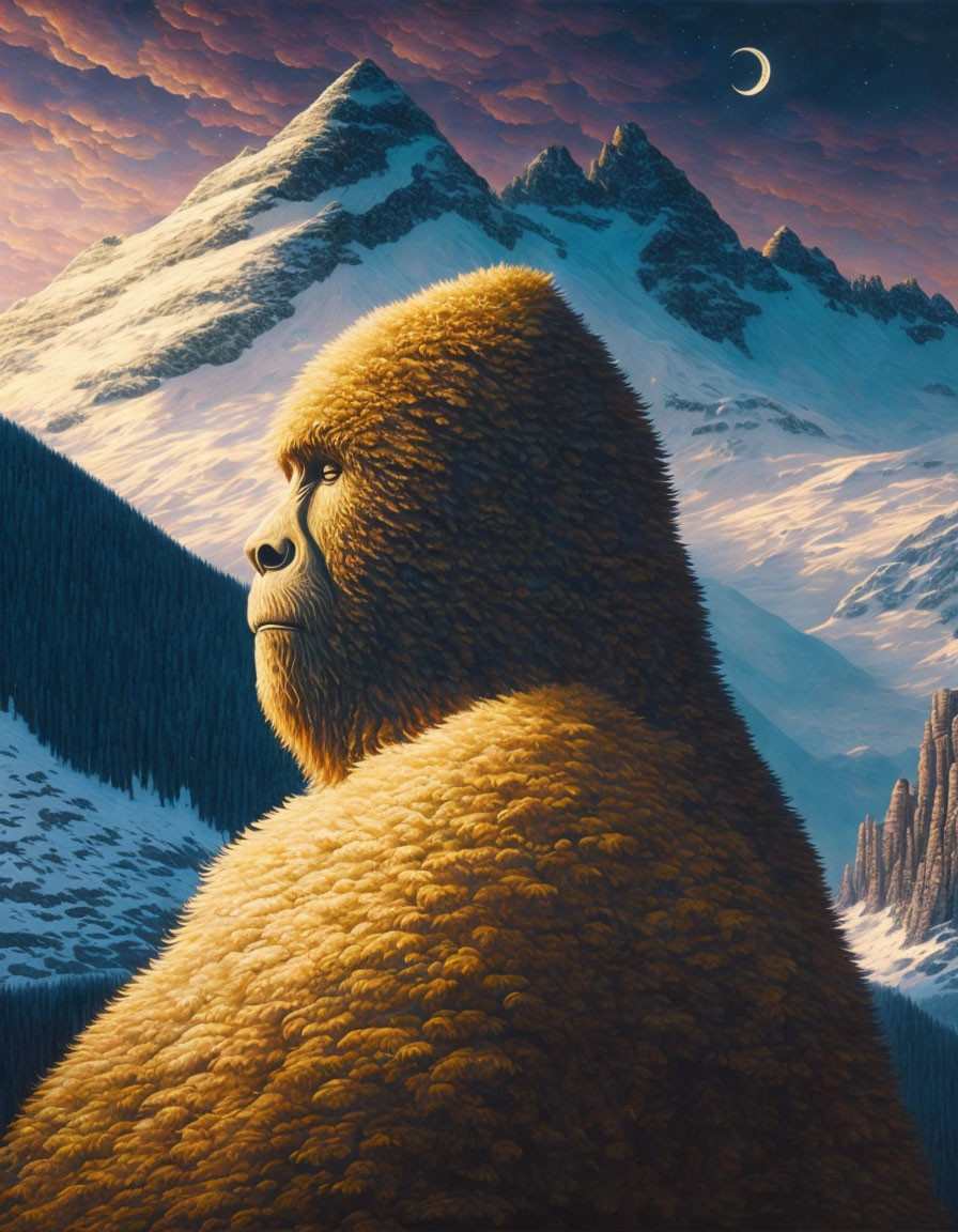 Contemplative gorilla with snowy mountain landscape and crescent moon.