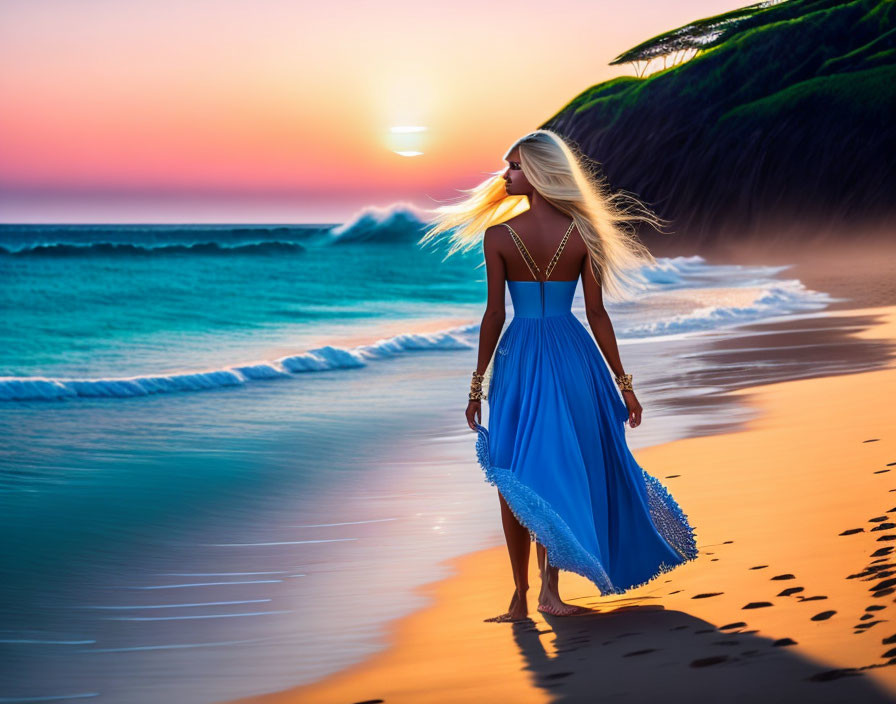 Woman in blue dress walking on beach at sunset with flowing hair and vibrant sky