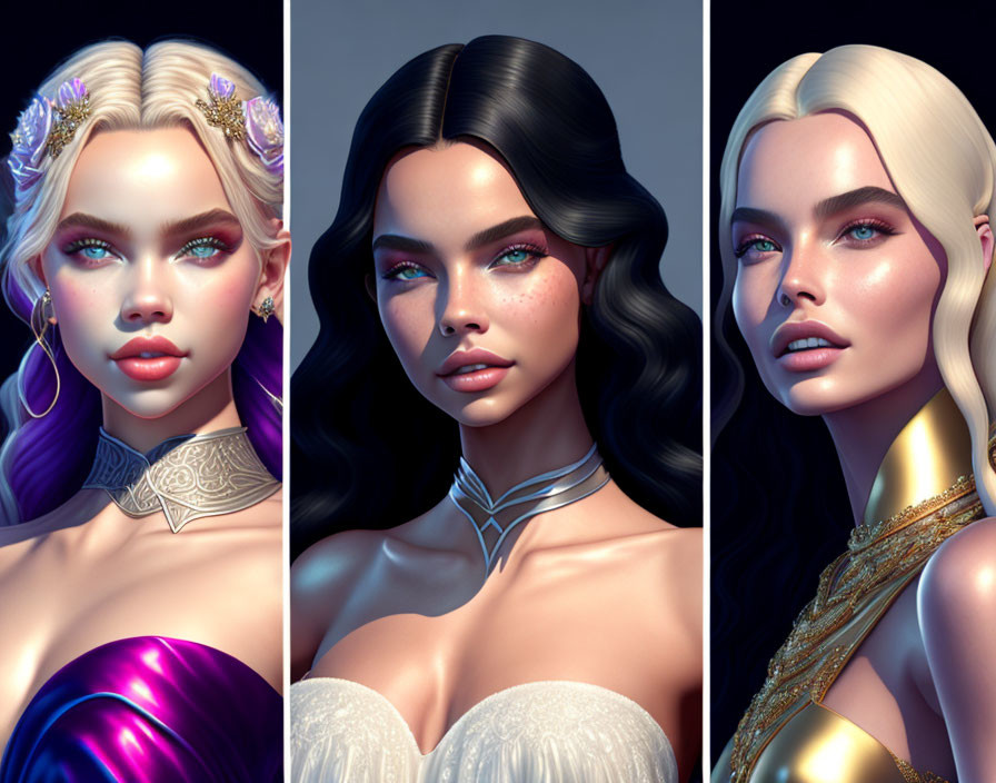 Three stylized digital portraits of a woman with various hairstyles and elegant outfits, featuring vivid makeup and fantasy