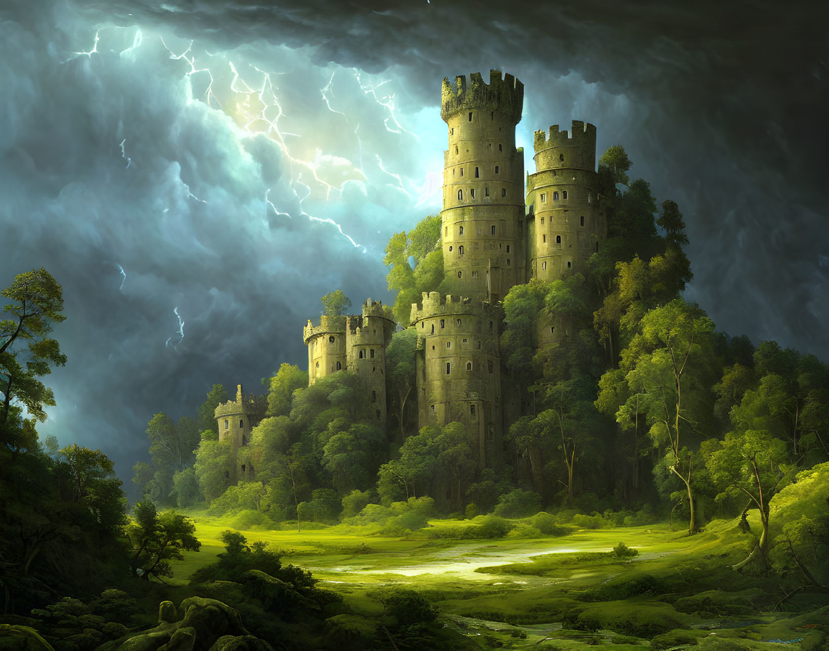 Majestic castle in lush forest under stormy sky with lightning