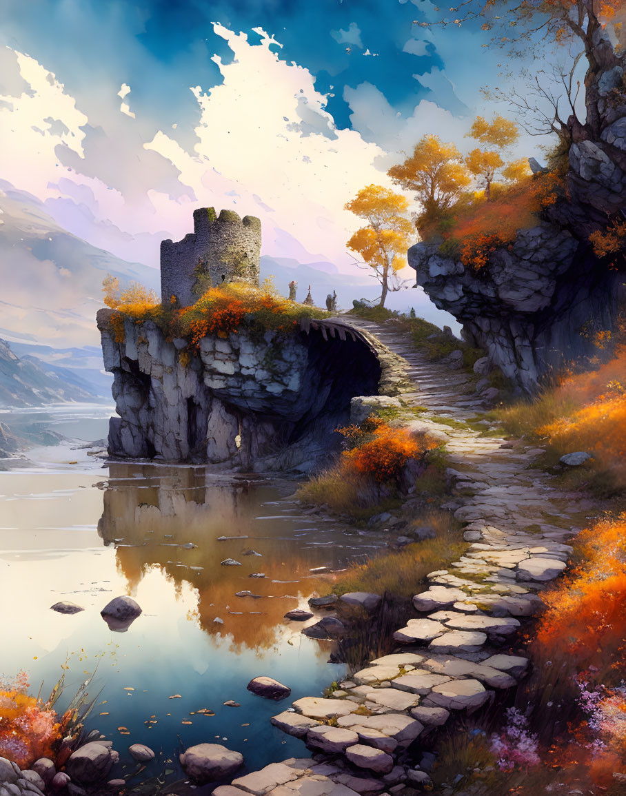 Ancient stone tower on rocky cliff with autumn foliage and calm river