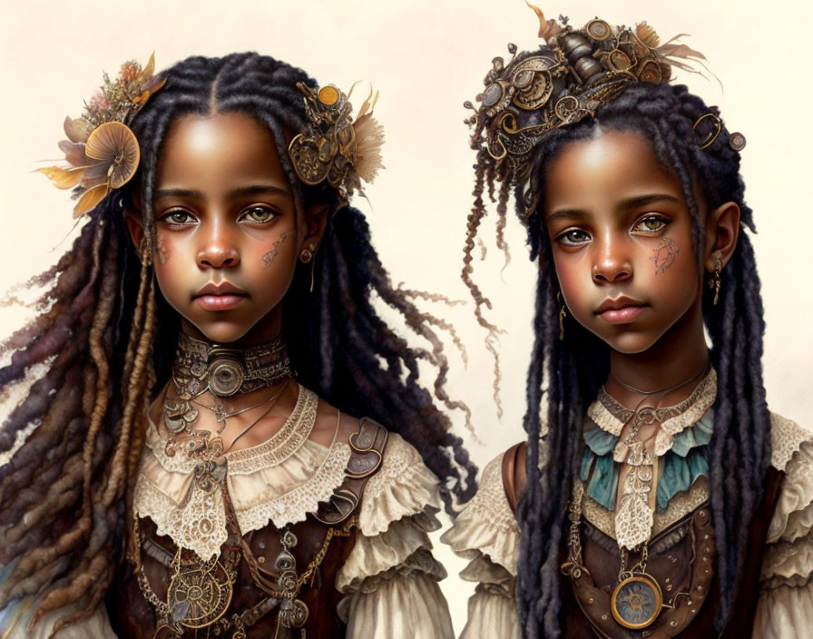 Digital portrait of twin girls with intricate dreadlocks, adorned with flowers, jewelry, collars, and