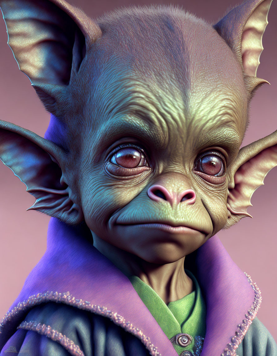 Detailed 3D rendering of fantastical creature with large ears, soulful eyes, snub nose