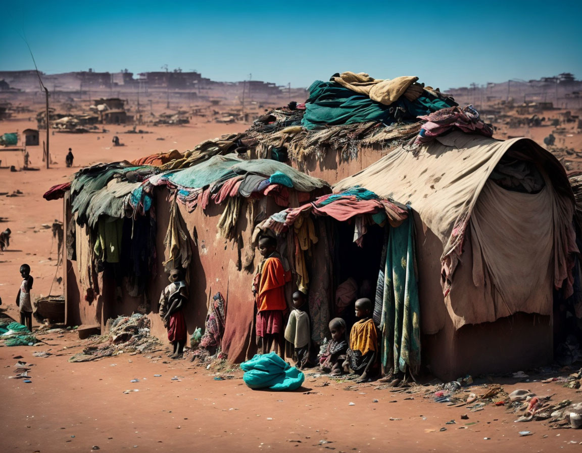 Colorful Cloths Shelter Children in Desert Settlement Under Blue Sky