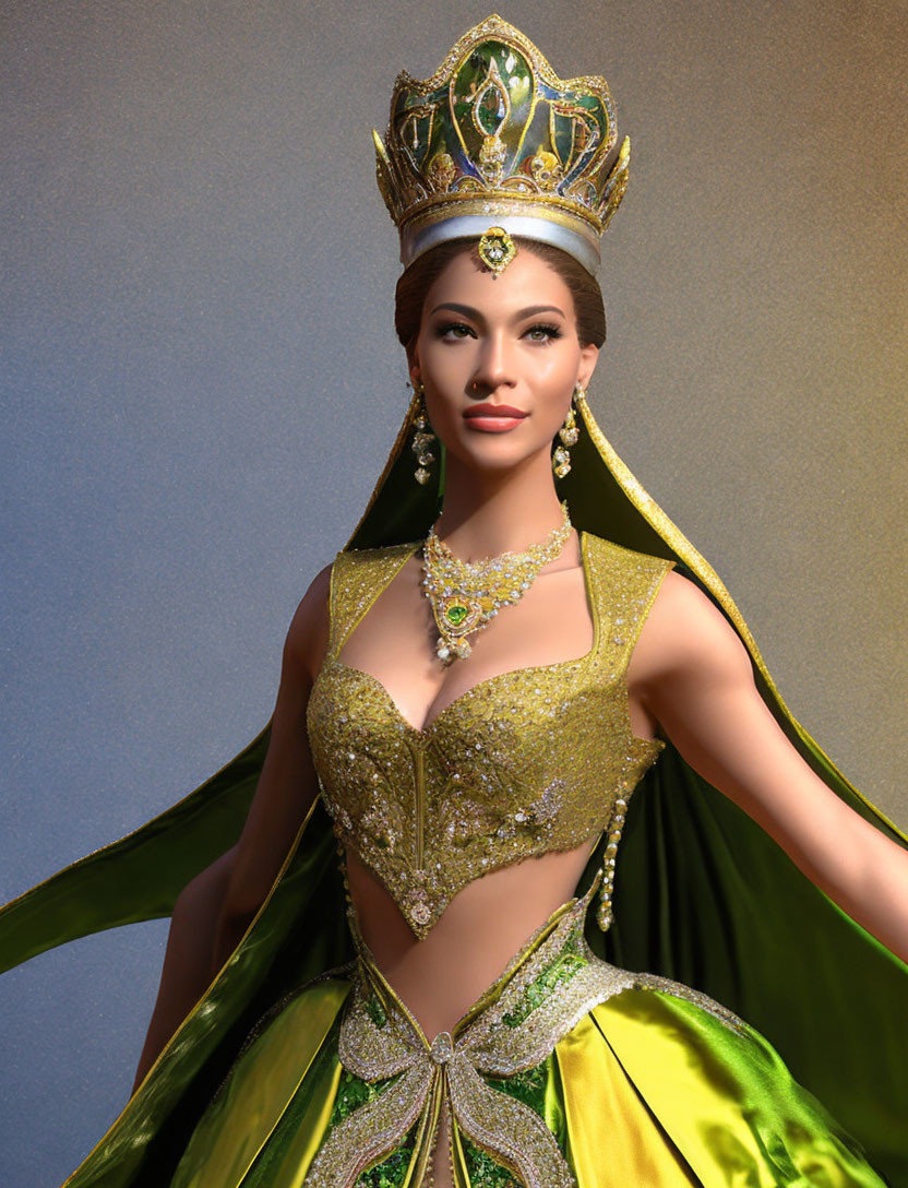 Regal person in golden crown and green costume