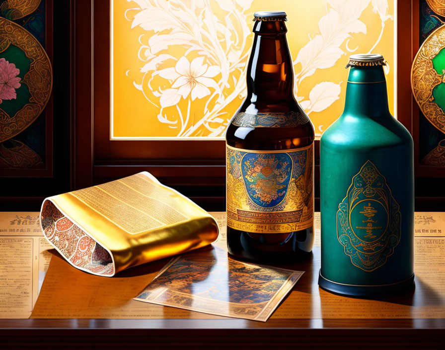 Ornate beer bottles against Chinese art backdrop