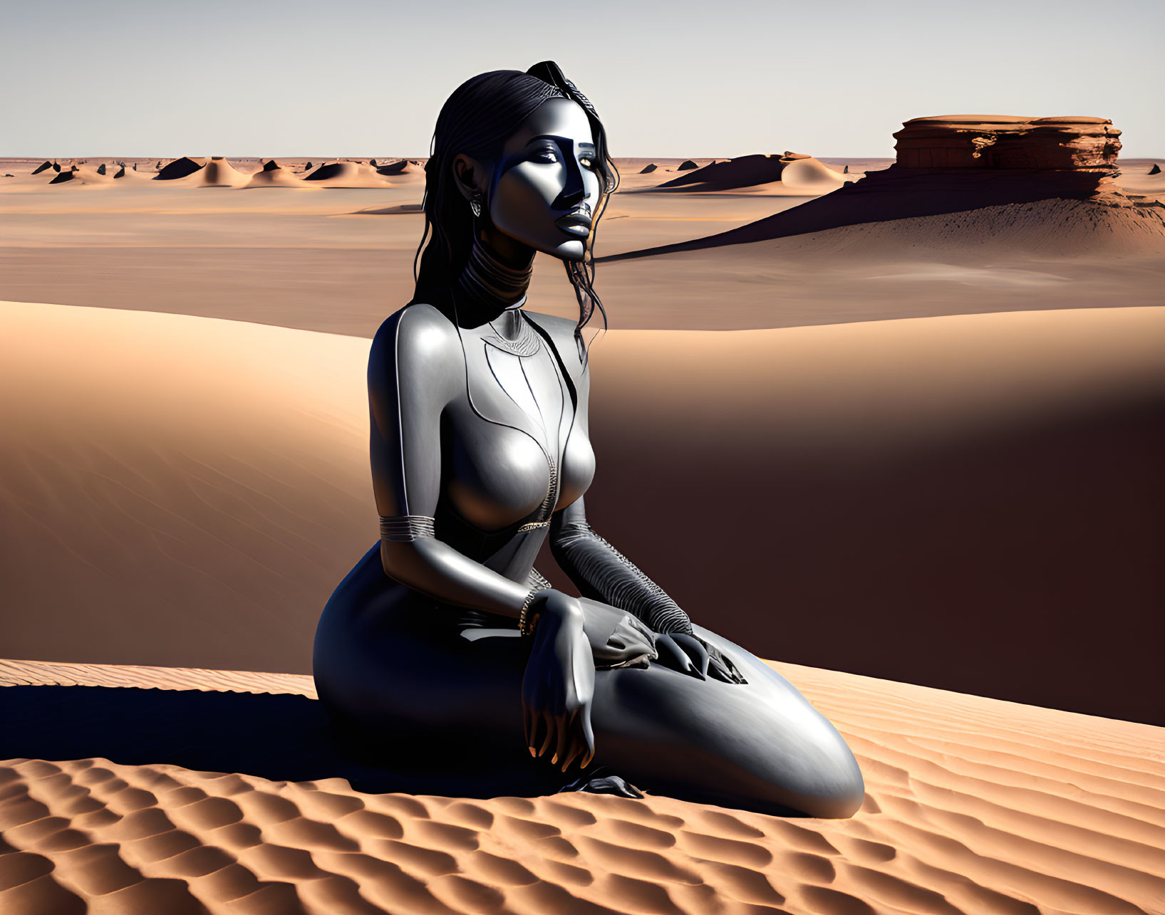 Metallic female figure sitting on desert sand dunes with blue sky and rock formations