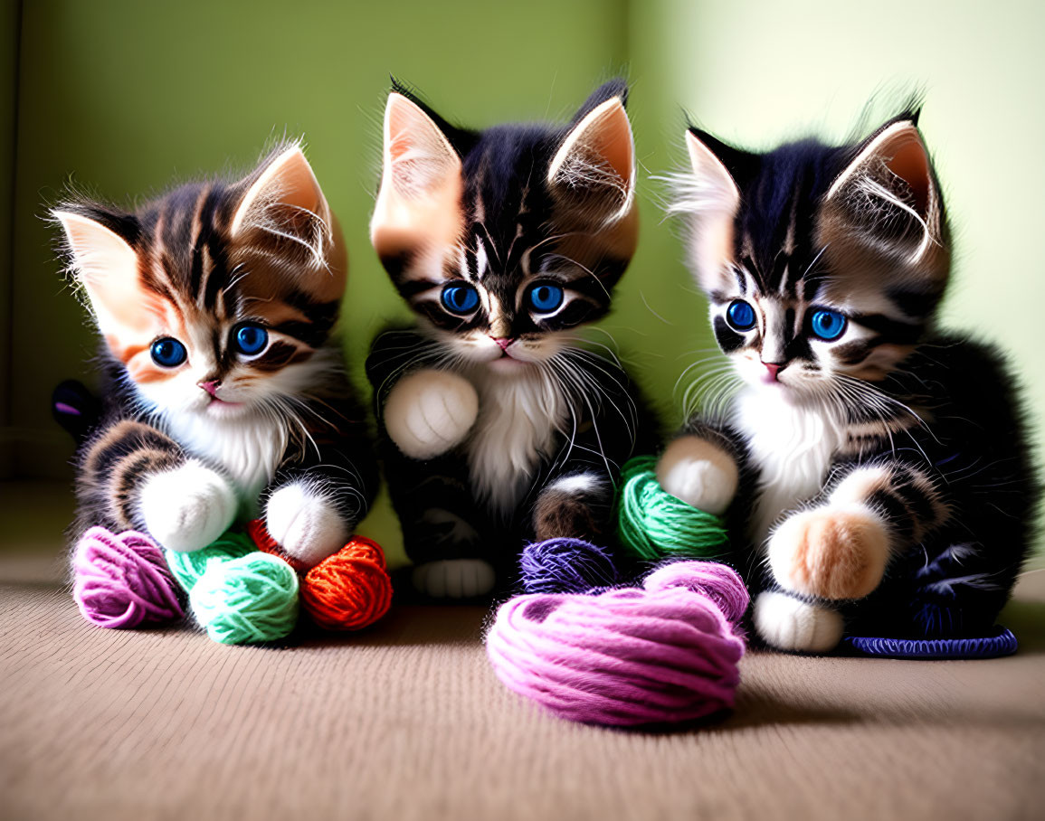 Three Kittens with Unique Fur Patterns and Blue Eyes by Colorful Yarn Balls