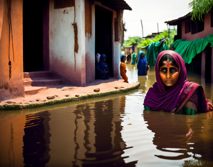 Woman in Purple Saree Partially Submerged in Floodwater