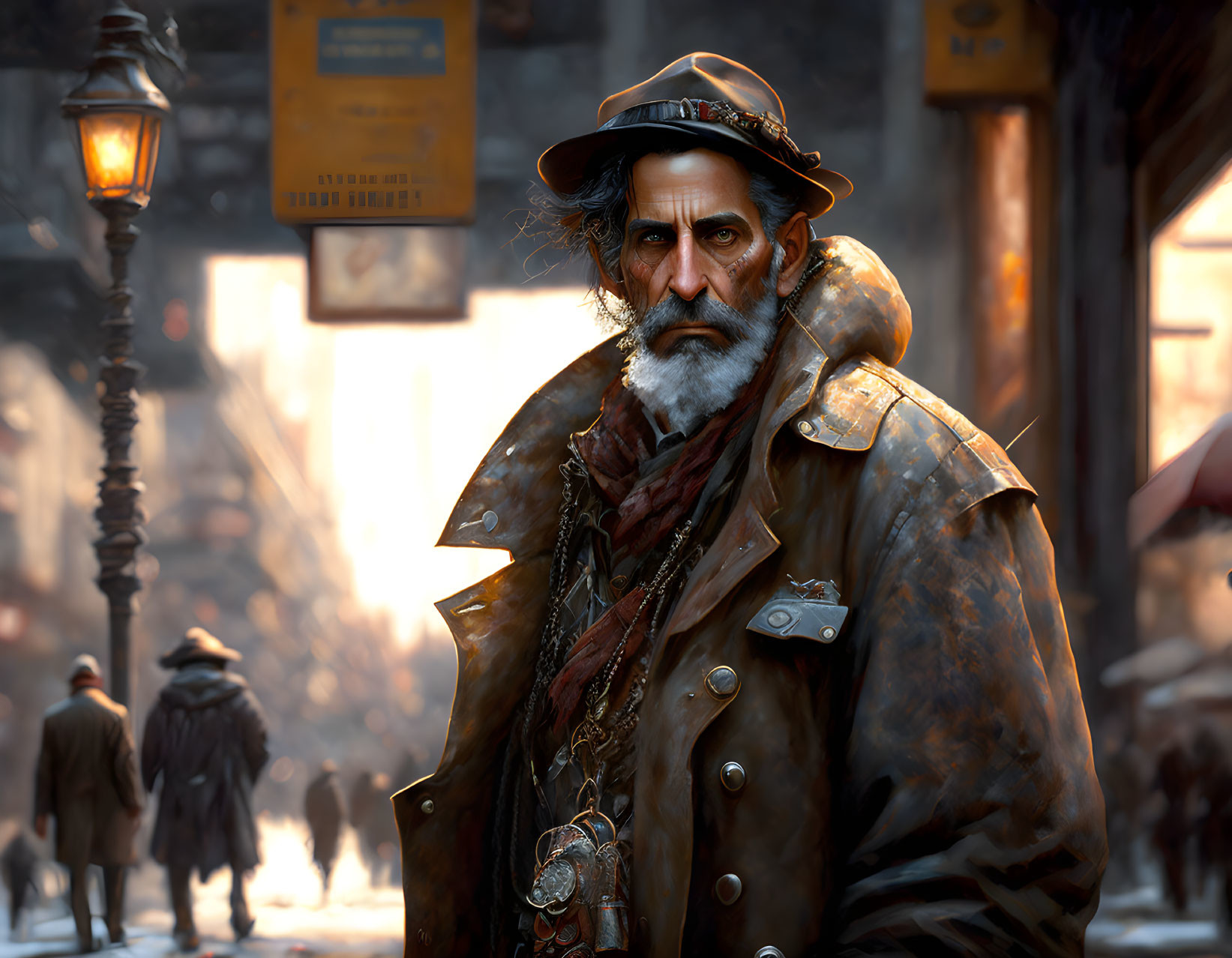 Elderly sea captain in snowy street with stern expression