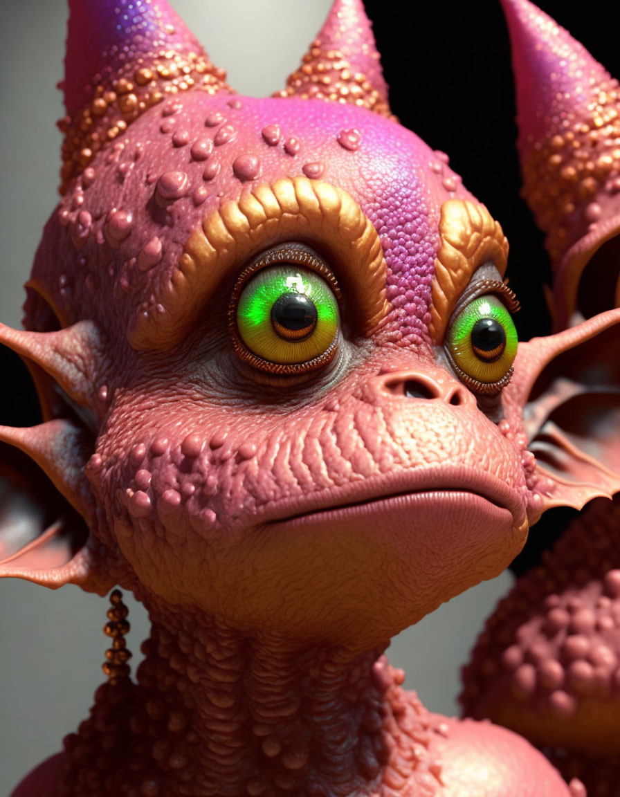 Fantastical creature with pink and orange textured skin and green eyes