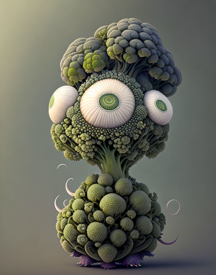 Digital artwork: Broccoli-like tree with eyes on foliage, neutral backdrop