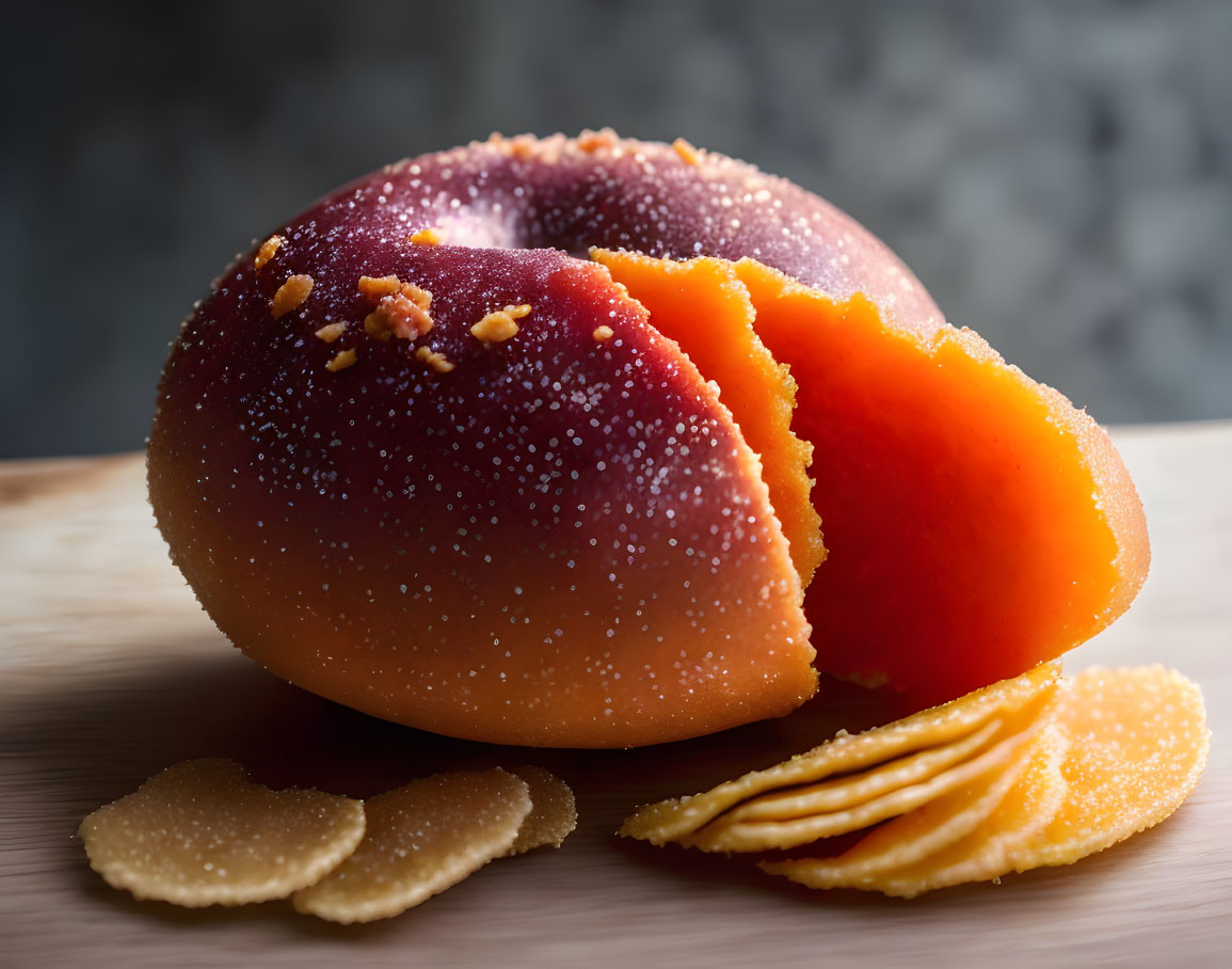 Fresh Persimmon Slices with Sugar on Wooden Surface