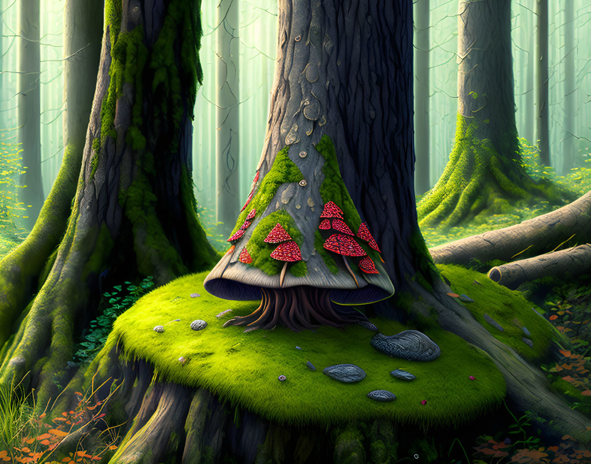 Whimsical mushroom house illustration in forest setting