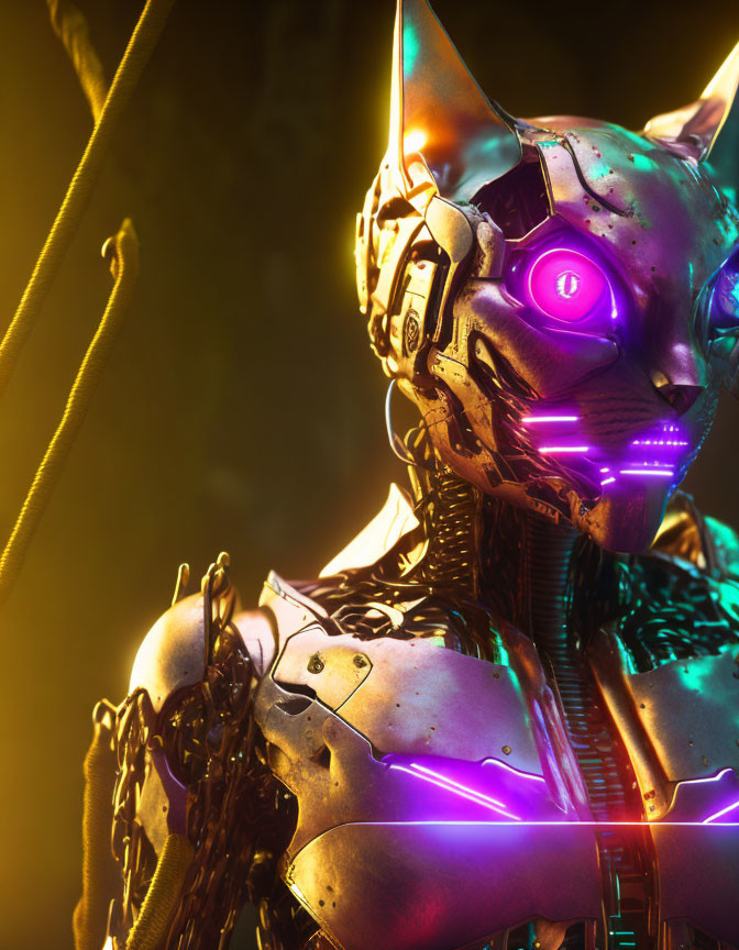 Futuristic robotic figure with feline-like head and glowing purple eyes