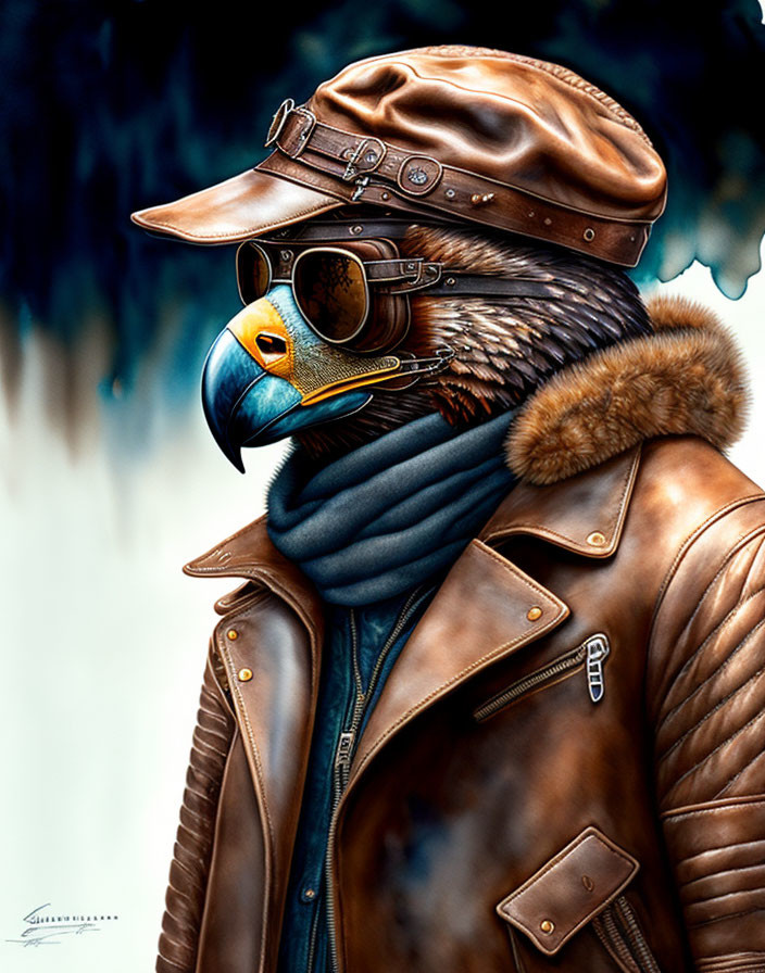 Bird illustration in aviator attire with leather jacket, scarf, cap, and goggles