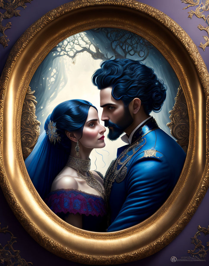 Elaborately dressed man and woman portrait in ornate oval frame