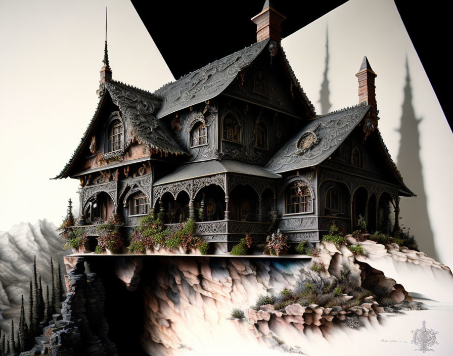 Victorian-style house perched on cliff with intricate details and illusionary shadow.