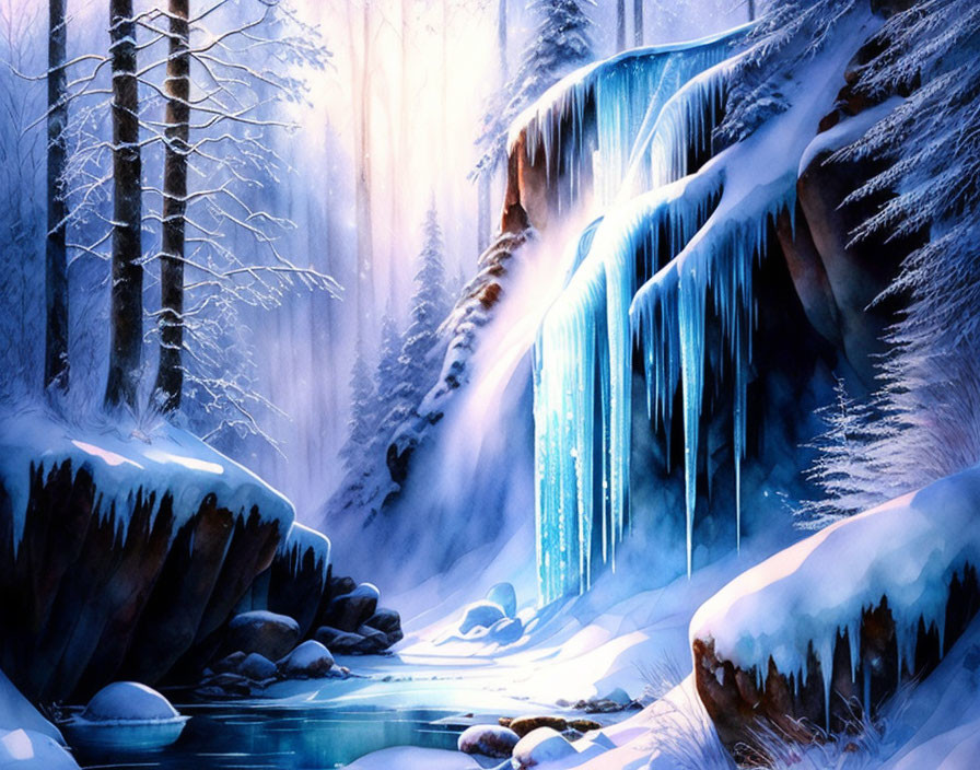 Snowy Winter Landscape: Frozen Waterfall and Trees