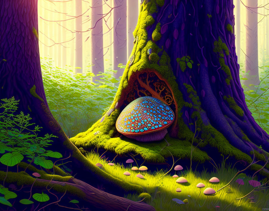 Mystical forest digital art with lush greenery and colorful mushroom