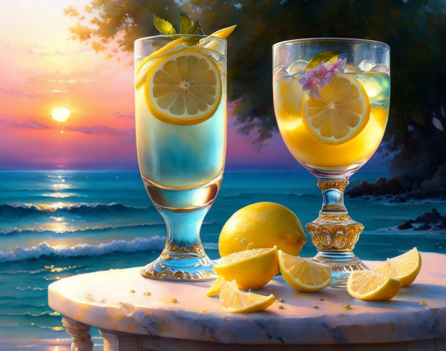 Refreshing Lemonade Drinks on Marble Table with Ocean Sunset Background