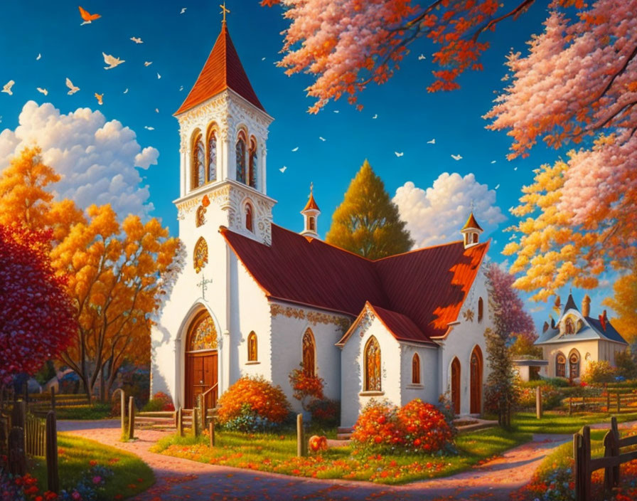 Autumn church scene with red roof and blue sky